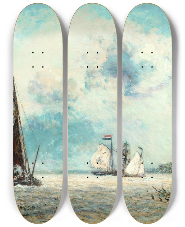 Triptych art skateboard deck of Johan Barthold Jongkind Sailing Boats On The Meuse by Johan Barthold Jongkind (1819-1891)