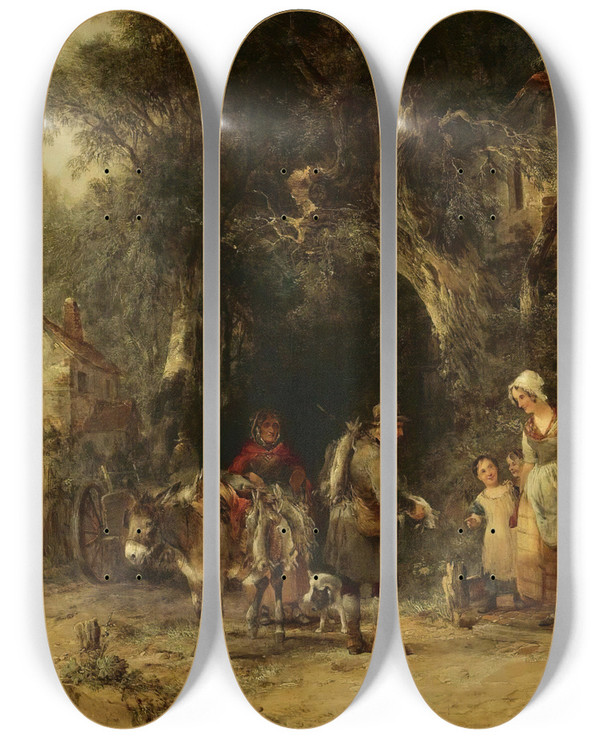Triptych art skateboard deck of William Shayer The Rabbit Man by William Shayer (1787-1879)