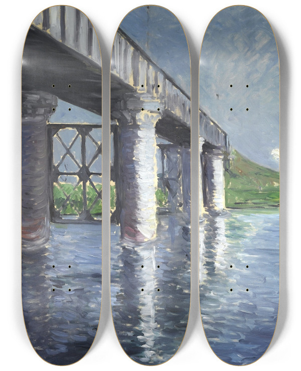 Triptych art skateboard deck of Gustave Caillebotte The Seine And The Railroad Bridge At Argenteuil La Seine Et Le Pont Du Chemin De Fer Dargenteuil by Gustave Caillebotte (1848-1894)