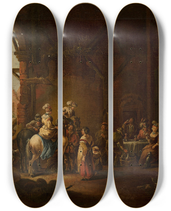 Triptych art skateboard deck of Christian Wilhelm Ernst Dietrich Inn by Christian Wilhelm Ernst Dietrich (1712-1774)