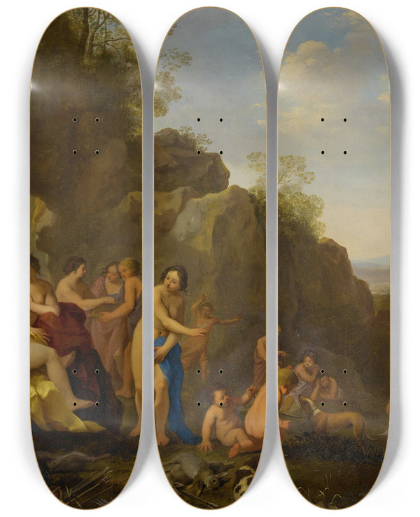 Triptych art skateboard deck of Cornelis Van Poelenburch Diana And Her Attendants In A Landscape With The Spoils Of The Hunt by Cornelis Van Poelenburch (1594-1667)