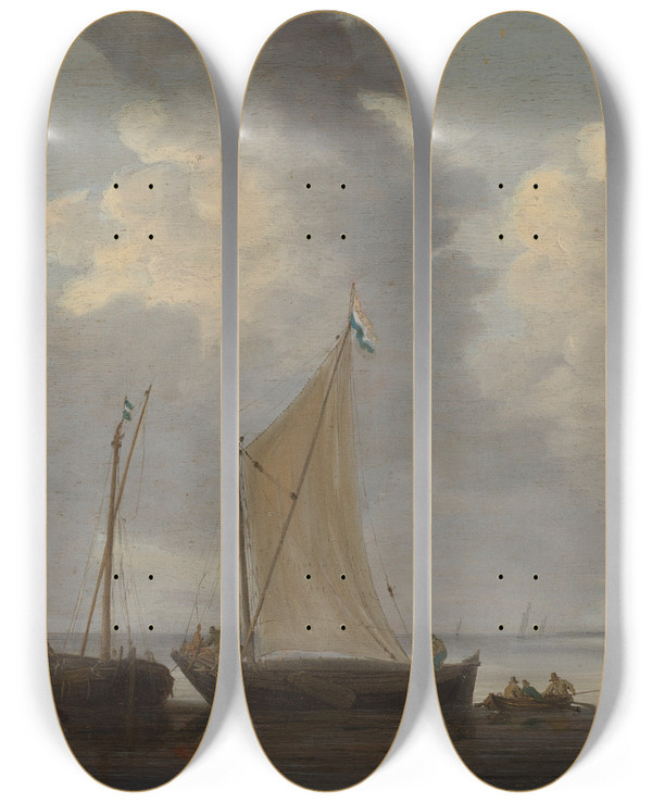 Triptych art skateboard deck of Jeronymus Van Diest A Calm With Fishermen Unloading Their Catch by Jeronymus Van Diest (1631-1677)
