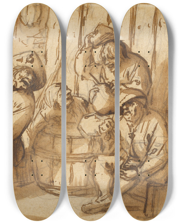Triptych art skateboard deck of Adriaen Van Ostade Peasants Drinking In A Tavern by Adriaen Van Ostade (1610-1684)
