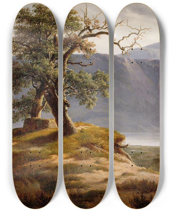 Triptych art skateboard deck of Thomas Fearnley Landscape With A Wanderer by Thomas Fearnley (1802-1842)