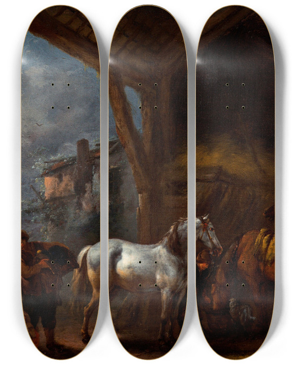 Triptych art skateboard deck of Philips Wouwerman The Stable by Philips Wouwerman (1619-1668)