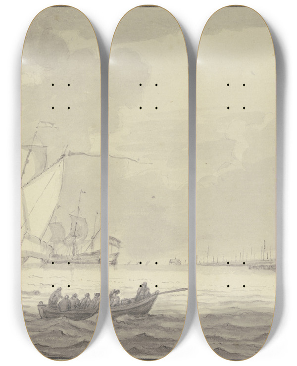 Triptych art skateboard deck of Jan Rood Leicht Bewegte See Rechts Ufer Mit Hafen Und Windmhle Ruderboote Und Kanone by Jan Rood