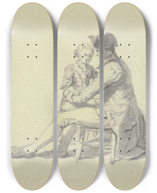 Triptych art skateboard deck of Johann Ludwig Aberli Ein Mann Auf Einem Stuhl Sitzend In Unterhaltung Mit Einem Jungen by Johann Ludwig Aberli (1723-1786)