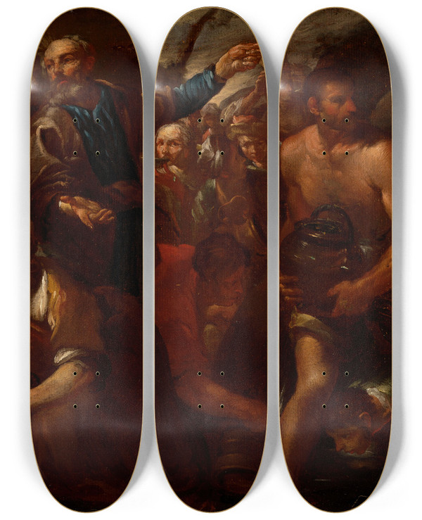 Triptych art skateboard deck of Gioacchino Assereto Moses Striking The Rock by Gioacchino Assereto (1600-1649)