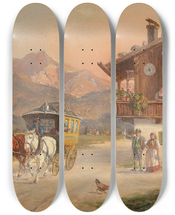 Triptych art skateboard deck of Ludwig Mllercornelius Post Coach by Ludwig Mller-Cornelius (1864-1946)