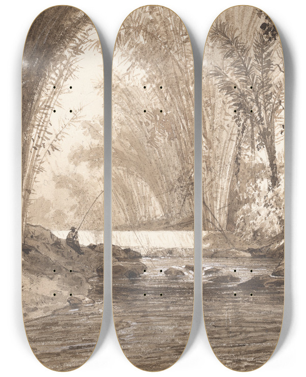 Triptych art skateboard deck of Michel Jean Cazabon La Digue Mararal by Michel Jean Cazabon (1813-1888)