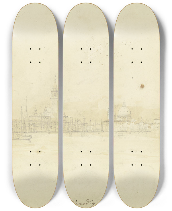 Triptych art skateboard deck of Adolf Hoeffler View On Venice by Adolf Hoeffler (1825-1898)