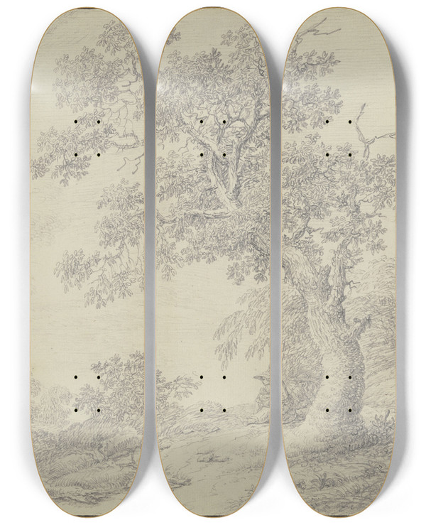 Triptych art skateboard deck of Bernhard Gottfried Manskirch Lichtung Im Eichenwald Mit Einer Im Schatten Rastenden Familie by Bernhard Gottfried Manskirch
