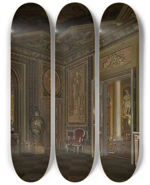 Triptych art skateboard deck of Aleksander Gryglewski Interior Of The Azienki Palace by Aleksander Gryglewski (1833-1879)