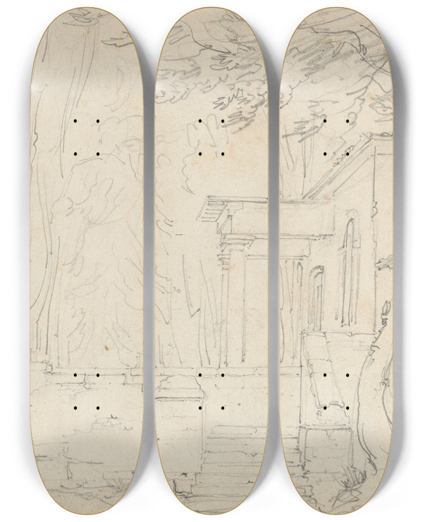 Triptych art skateboard deck of Franois Edouard Bertin House With A Portico At Ermenonville by Francois Edouard Bertin (1797-1871)