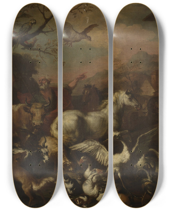 Triptych art skateboard deck of Sinibaldo Scorza In Front Of Noahs Ark by Sinibaldo Scorza (1589-1631)