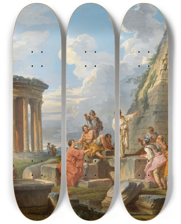 Triptych art skateboard deck of Giovanni Paolo Panini A Capriccio With Saint Paul Preaching To The Romans With The Temple Of Vesta And Pyramid Of Caius Cestius by Giovanni Paolo Panini (1691-1765)
