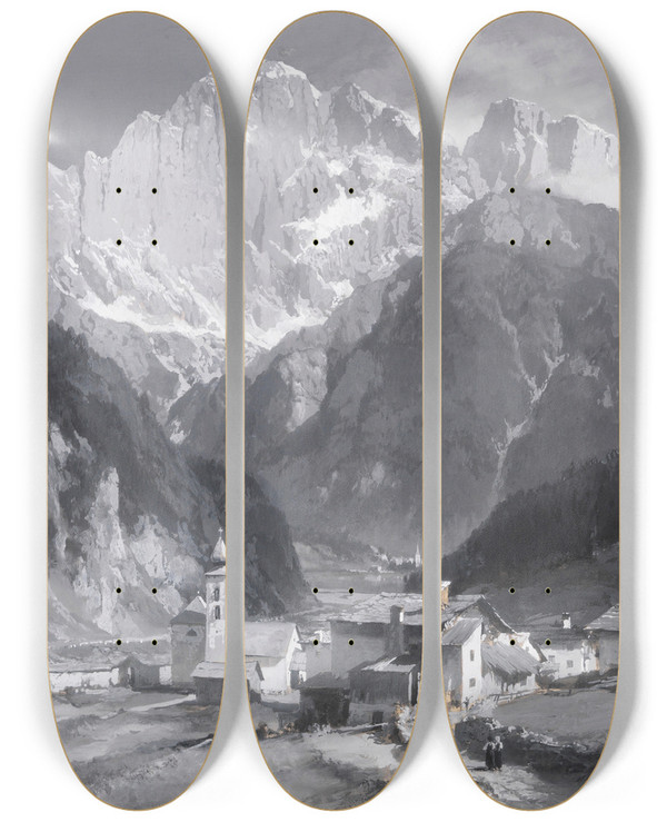 Triptych art skateboard deck of Edward Theodore Compton Monte Civetta by Edward Theodore Compton (1849-1921)
