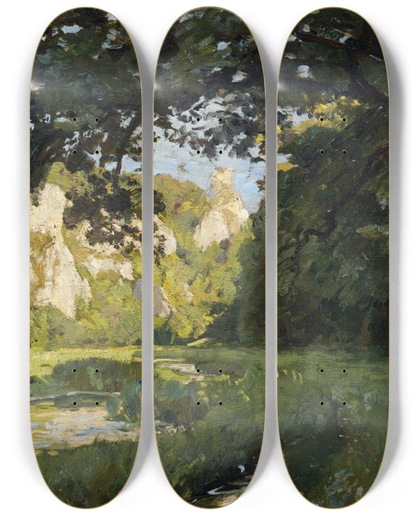 Triptych art skateboard deck of Otto Reiniger Sommerliche Landschaft Wohl Bei Buttenhausen by Otto Reiniger (1863-1909)