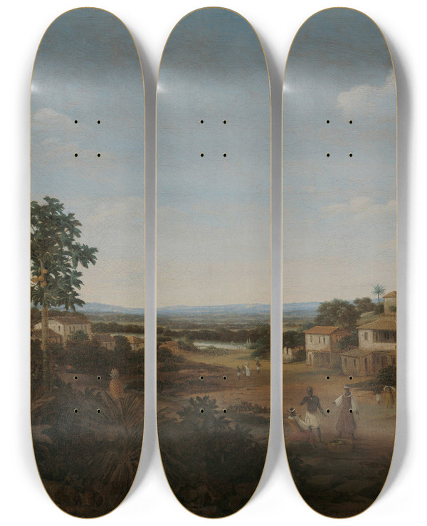 Triptych art skateboard deck of Frans Post Landscape In Brazil_2 by Frans Post (1612-1680)