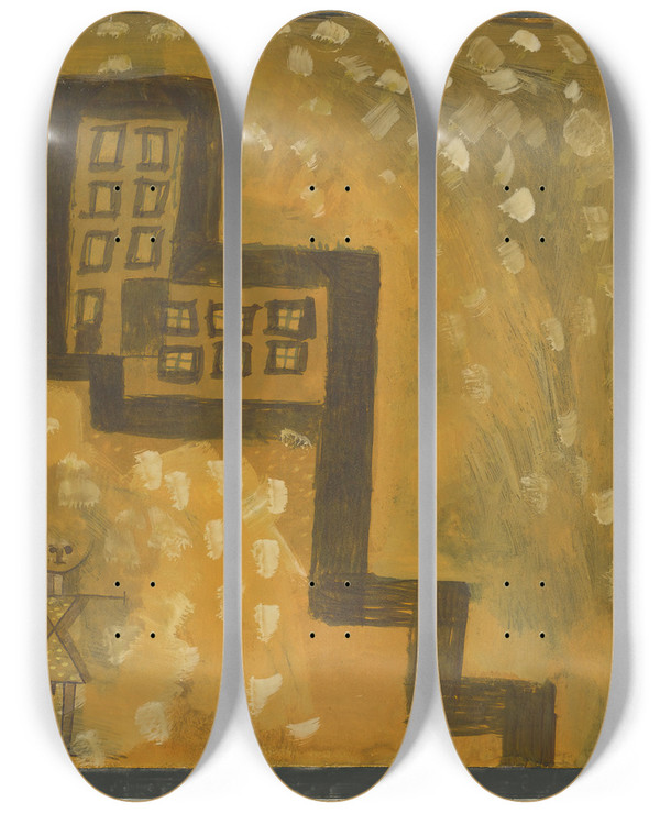 Triptych art skateboard deck of Paul Klee Das Haus In Der Hhe The House On High by Paul Klee (1879-1940)