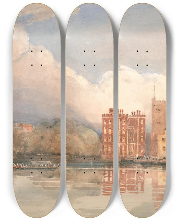 Triptych art skateboard deck of David Cox View Of Lambeth Palace On Thames by David Cox (1783-1859)