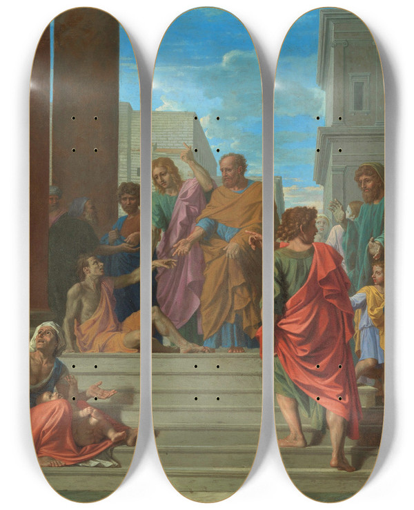 Triptych art skateboard deck of Nicolas Poussin Saints Peter And John Healing The Lame Man by Nicolas Poussin (1594-1665)