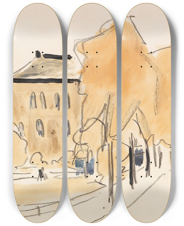 Triptych art skateboard deck of Ernst Ludwig Kirchner Stadtlandschaft Mit Zwei Straenbahnen Strassenbahn Berlinerstrasse In Dresden by Ernst Ludwig Kirchner (1880-1938)