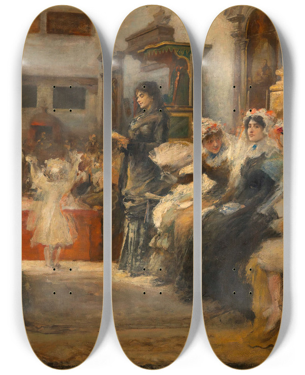 Triptych art skateboard deck of Cecil Van Haanen La Disput by Cecil Van Haanen (1844-1914)