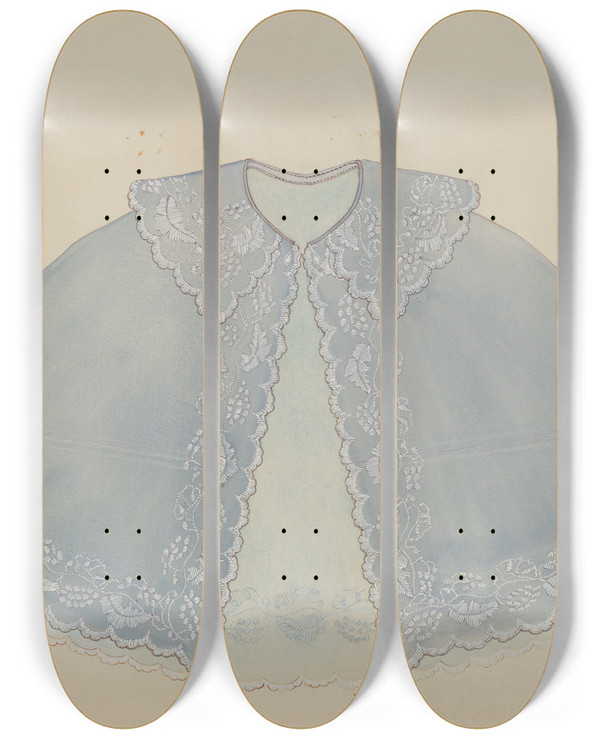 Triptych art skateboard deck of Irene M Burge Childs Cape by Irene M Burge