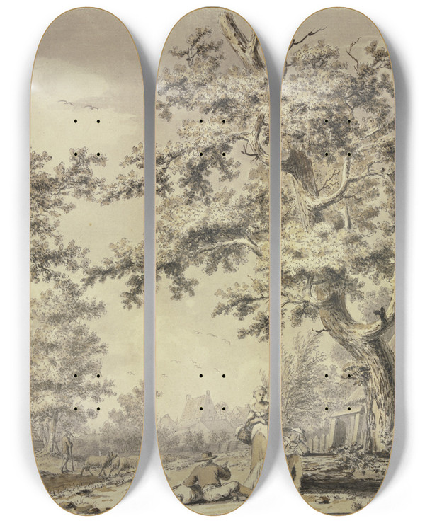 Triptych art skateboard deck of Johan Bernhard Brandhoff Unter Einem Baum Zwei Frauen Und Ein Bauer Mit Einem Sack by Johan Bernhard Brandhoff