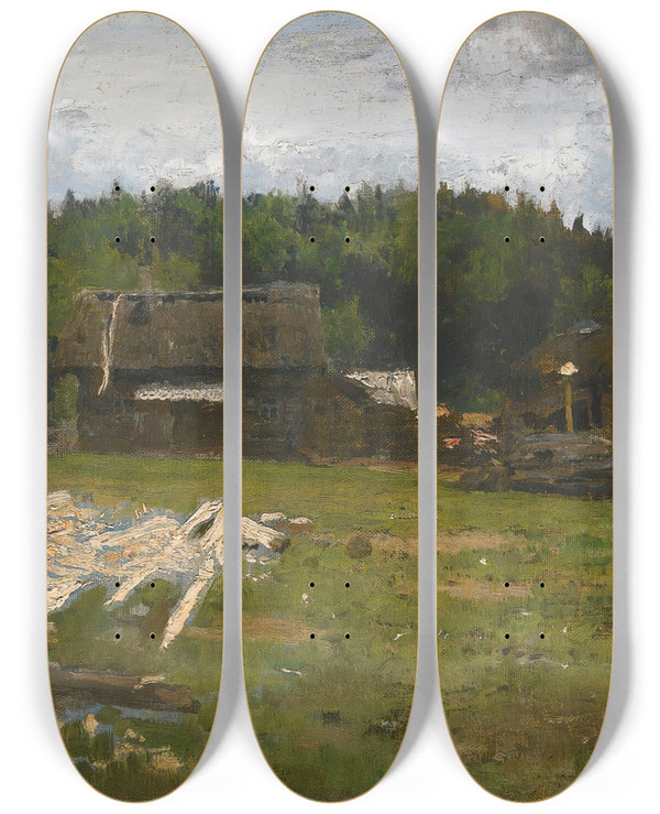 Triptych art skateboard deck of Ilya Efimovich Repin Forest Clearing Near Chuguev Ukraine by Ilya Efimovich Repin (1844-1930)