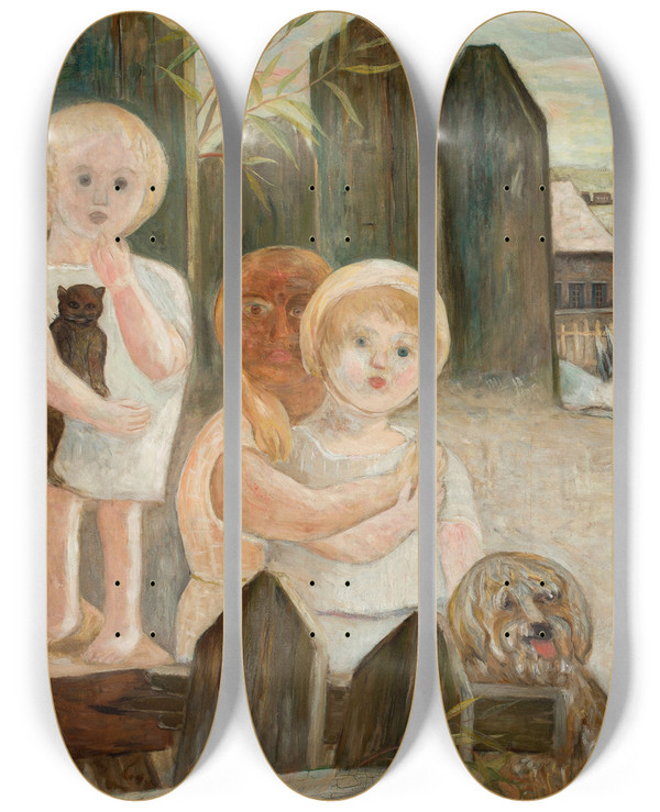 Triptych art skateboard deck of Tadeusz Makowski Children In A Village Backyard by Tadeusz Makowski (1882-1932)