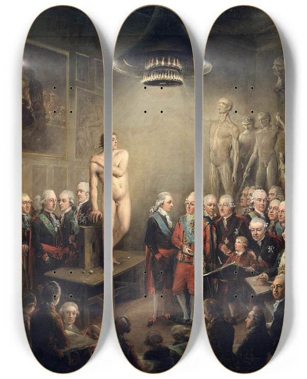 Triptych art skateboard deck of Elias Martin Gustav Iiis Visit To The Royal Academy Of Arts by Elias Martin (1739-1818)