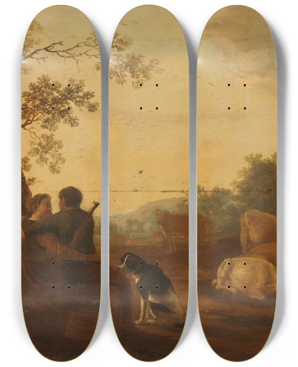 Triptych art skateboard deck of Willem Ossenbeeck Landscape With Sheperd Sheperdess And Cattle by Willem Ossenbeeck (1622-1642)