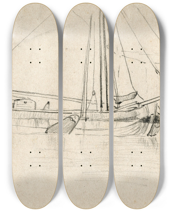Triptych art skateboard deck of Adolf Le Comte Bij Kade Aangemeerde Boot by Adolf Le Comte (1850-1921)