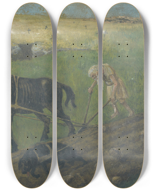 Triptych art skateboard deck of Tom Andrakovi Ploughman by Tomas Andraskovic (1871-1944)