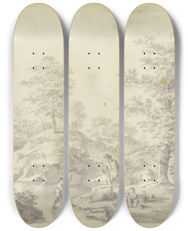 Triptych art skateboard deck of Caspar Schneider Eichbume Bei Einem Dorf Im Vordergrund Eine Familie Beim Fischen by Caspar Schneider