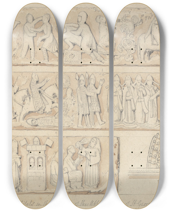 Triptych art skateboard deck of John Sell Cotman Sculpture On A Suite Of Capitals In The Cloisters Of The Abbey Church Of Saint Georges De Bocherville Near Rouen Normandy by John Sell Cotman (1782-1842)