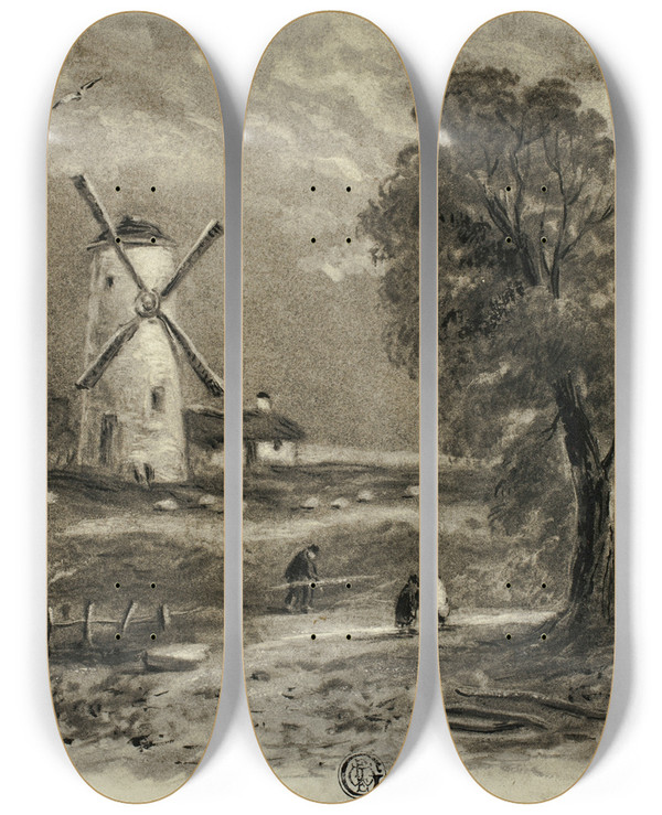 Triptych art skateboard deck of Elizabeth Murray Landscape With Windmill by Elizabeth Murray (1815-1882)
