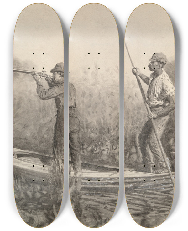 Triptych art skateboard deck of Thomas Eakins Study For Rail Shooting From Apunt by Thomas Eakins (1844-1916)