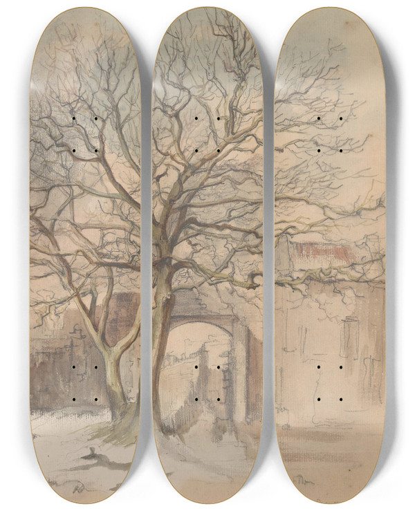 Triptych art skateboard deck of Alexander Schaepkens Hof Van Het Sint Antoniusklooster Te Maastricht In De Winter by Alexander Schaepkens (1815-1899)