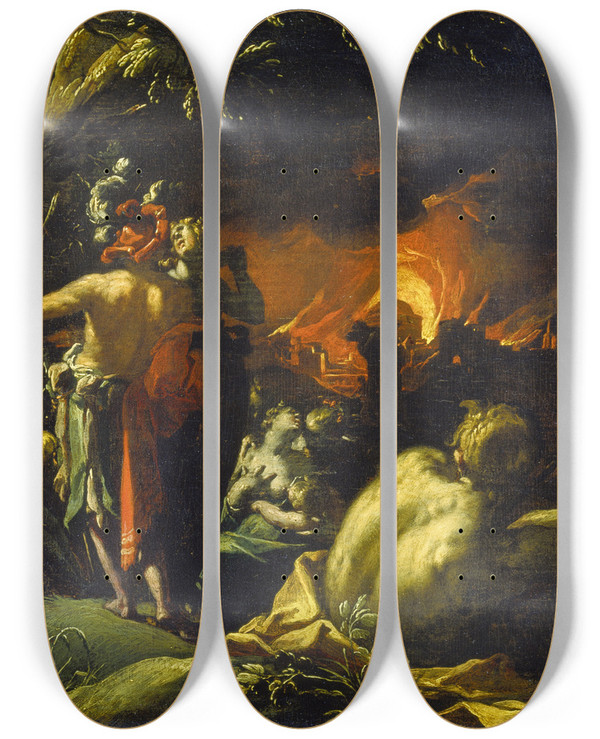 Triptych art skateboard deck of Abraham Bloemaert The Burning Of Troy by Abraham Bloemaert (1564-1651)