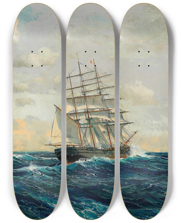 Triptych art skateboard deck of Michael Zeno Diemer Threemaster On The High Seas by Michael Zeno Diemer (1867-1939)