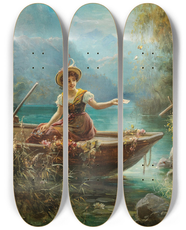 Triptych art skateboard deck of Hans Zatzka The Love Message_2 by Hans Zatzka (1859-1945)