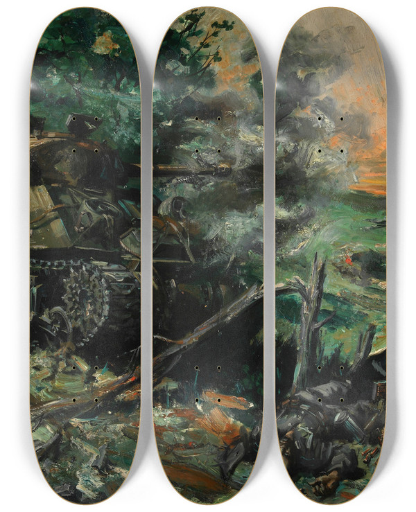 Triptych art skateboard deck of Terence Cuneo Tank Battle by Terence Cuneo (1907-1996)