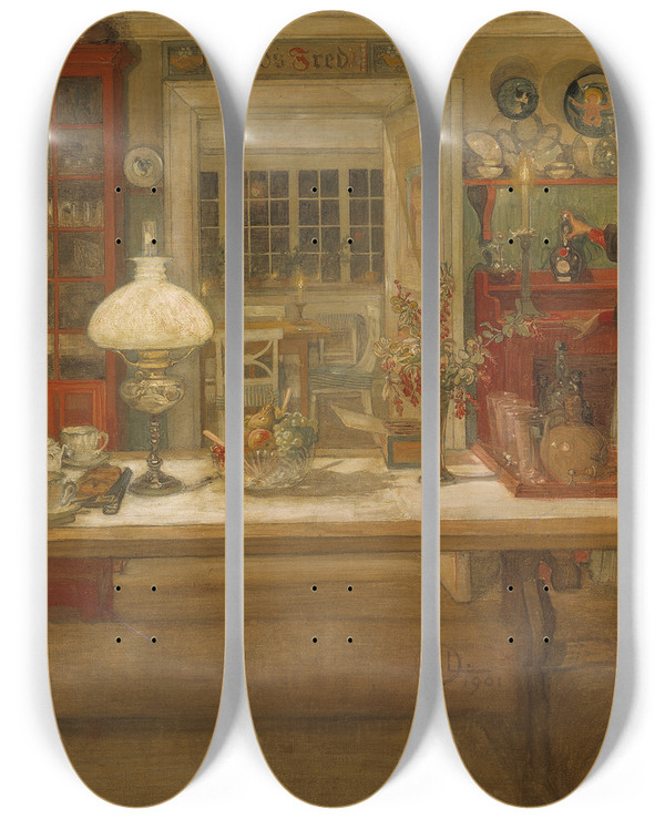 Triptych art skateboard deck of Carl Larsson Getting Ready For A Game by Carl Larsson (1853-1919)