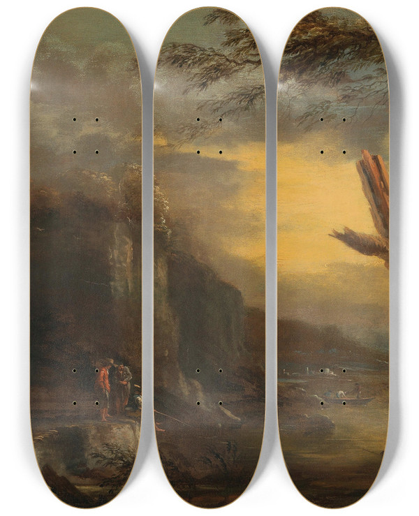 Triptych art skateboard deck of Salvator Rosa Figures Fishing In A Rocky Coastal Landscape by Salvator Rosa (1615-1673)