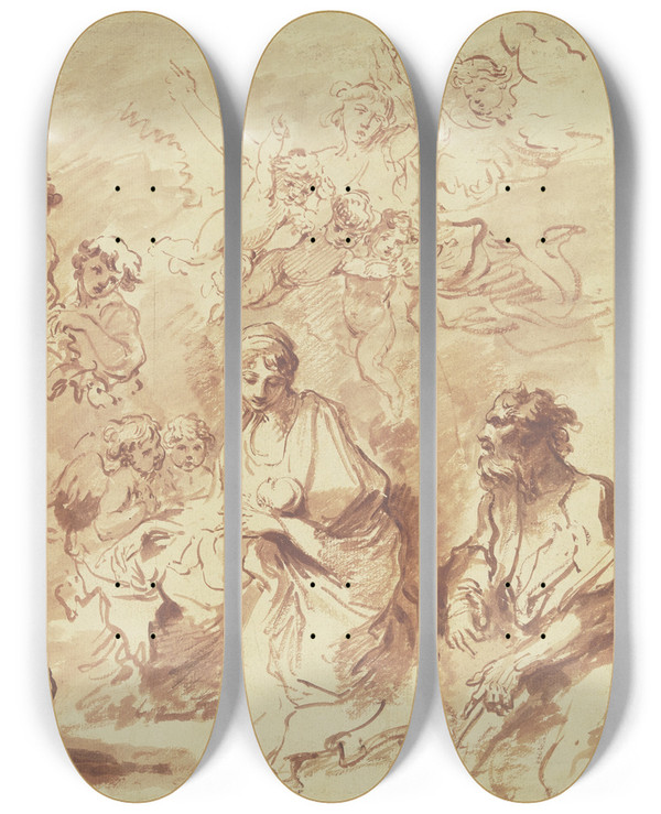 Triptych art skateboard deck of Giovanni Benedetto Castiglione Adoration Of The Shepherds by Giovanni Benedetto Castiglione (1609-1664)