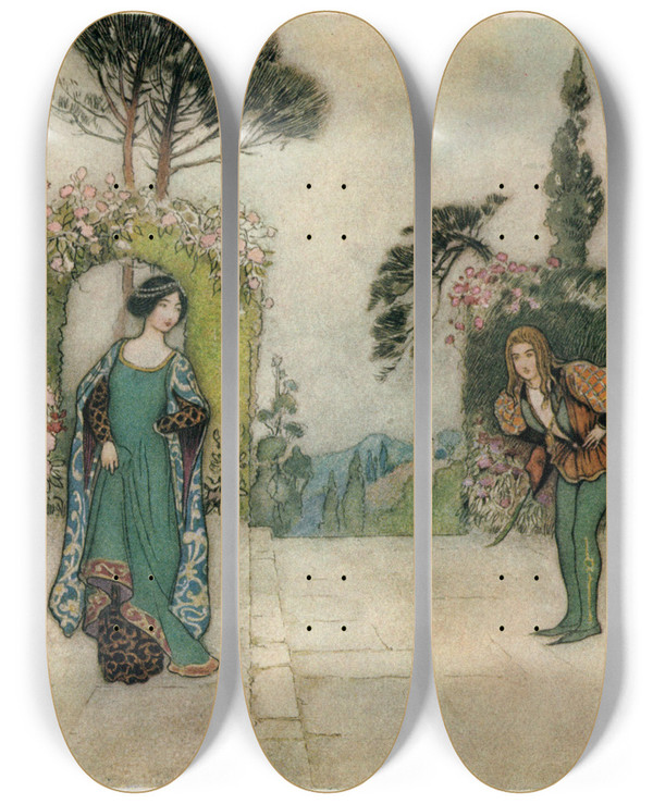 Triptych art skateboard deck of Warwick Goble Violet And The Prince In The Garden by Warwick Goble (1862-1943)