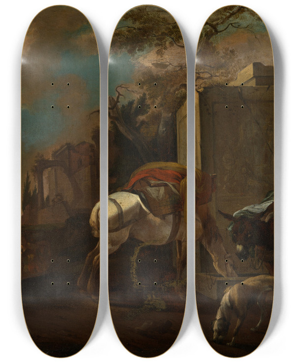 Triptych art skateboard deck of Jan Van Ossenbeeck Italienische Landschaft Mit Bauern Und Vieh Am Brunnen by Jan Van Ossenbeeck (1624-1674)